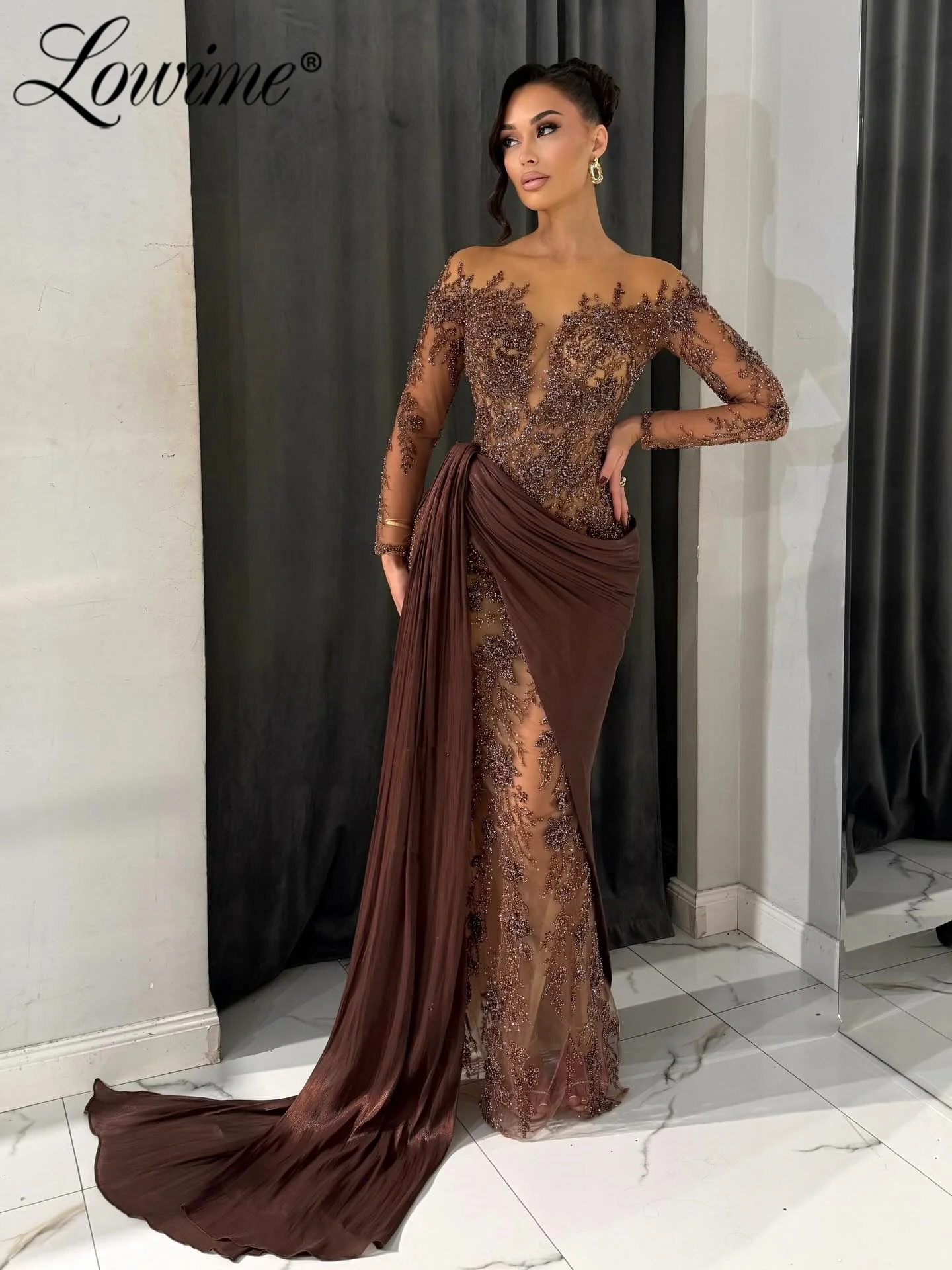 2026 New Long Sleeve Customized Brown Evening Gala Gown Chocolate Mermaid Prom Formal Dresses with Overskirt Party Pageant Dress