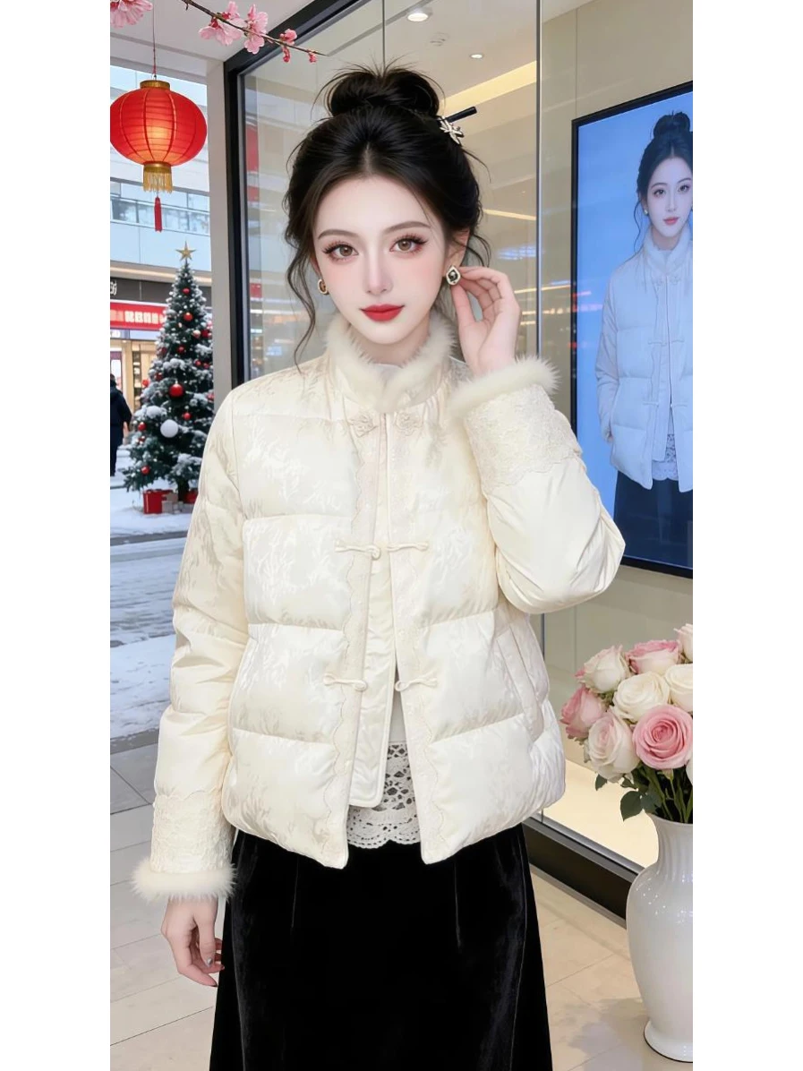 New Chinese Style Floral Embroidery Cotton Jacket Women's Fashionable Winter Coat Furry Splicing Stand Collar Cotton Clothes