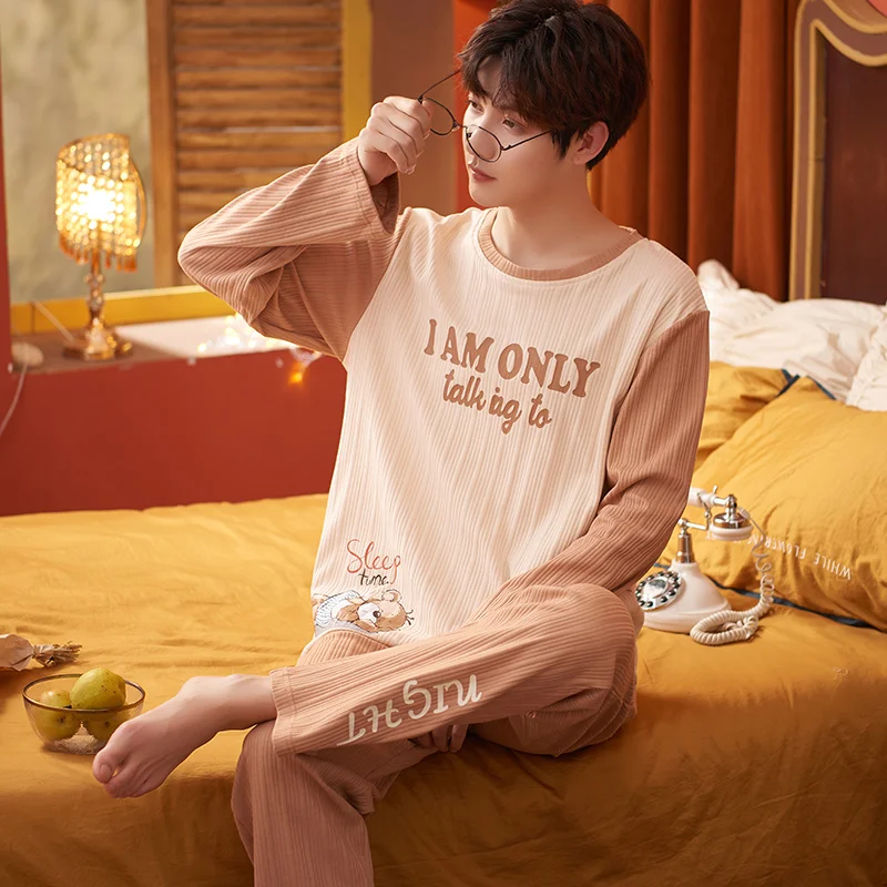 Men Pajamas Set Big Size L-3XL Men Pyjamas Knited Cotton Long Sleeve Sleepwear Male Leisure Home Clothing Spring Autumn Homewear