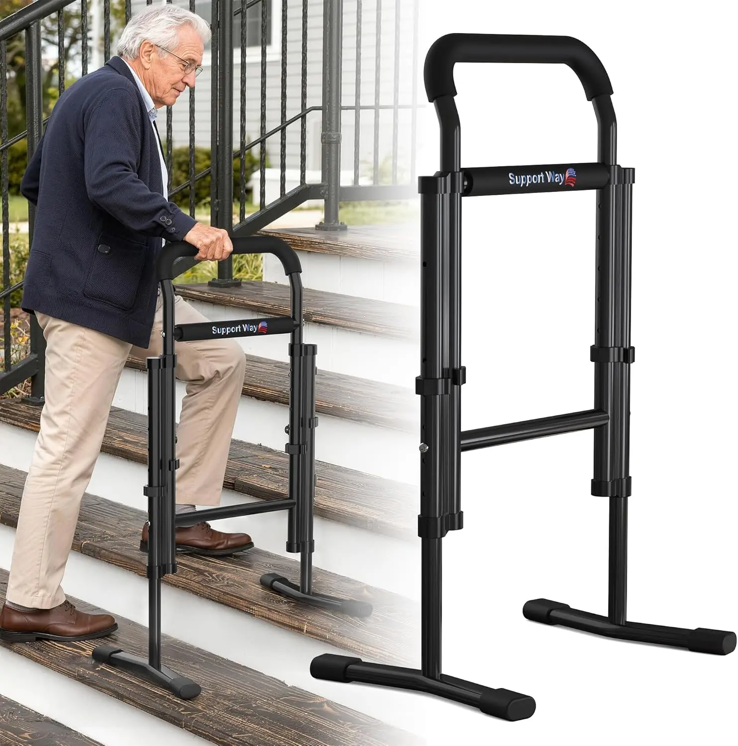 

2-in-1 Assist Cane for Seniors: Stair & Standing Aid, Anti-Slip Base, Adjustable Height, Ultra Sturdy