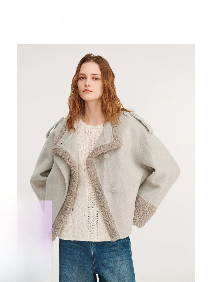 

Vivian i Ji Woolen Coat ort Double-Faced Woolen Jaet Irregular Collar Splicing Design Briti Sle Commute Faion
