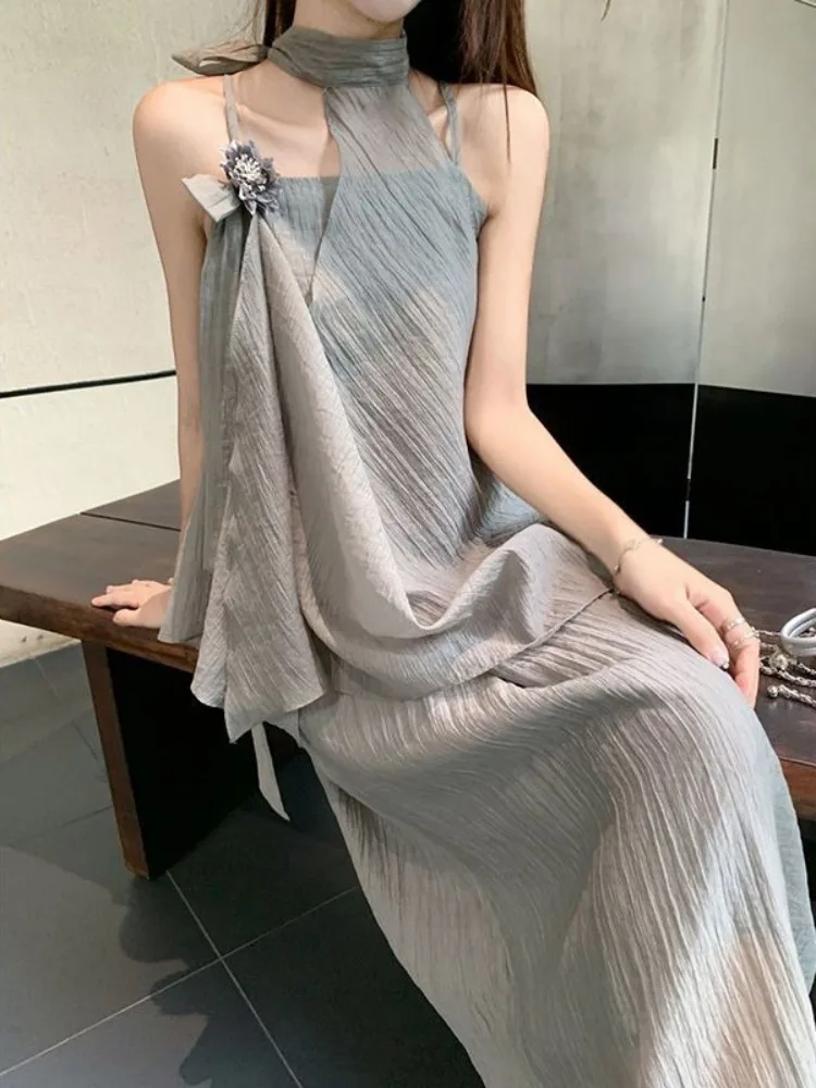 

2026 Vintage Halter Pleated Dress Summer Loose Lazy Vacation Style Women Maxi Dress Fashion Elegant Outfit for Ladies Female New
