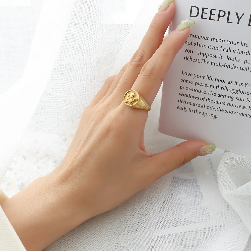 INS Style Unique Angel Little Boy Ring for Women Index Finger Ring Stianless Steel 18K Gold-plated Ring Jewelry