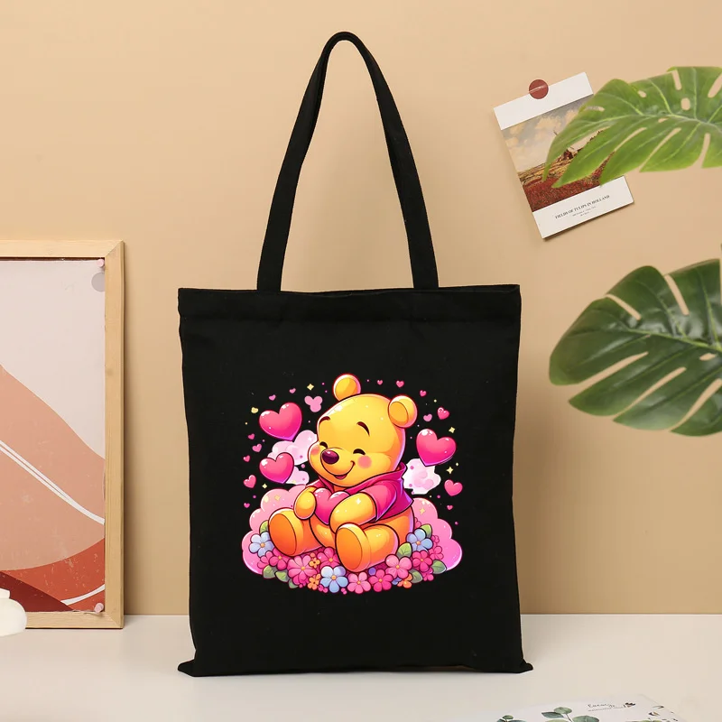 2024 Cute Winnie The Pooh Canvas Women\'s Shopping Handbag Ladies Cartoon Handbag Shopping Cotton Bag Girls Casual Shoulder Bag