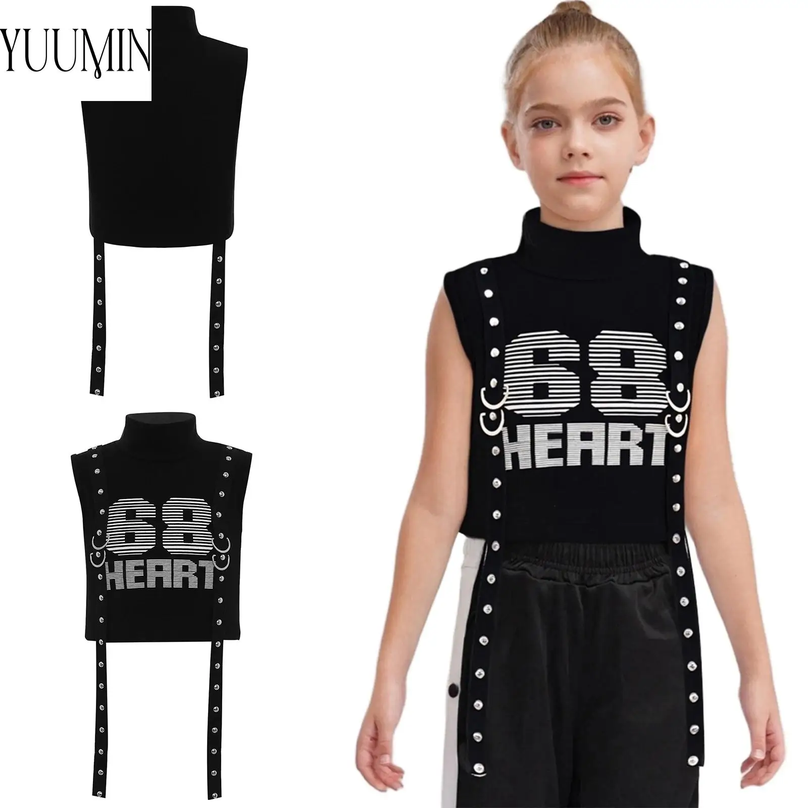 

Детский модный дышащий мягкий укороченный топ на бретелях с заклепками для девочек, топы без рукавов для хип-хопа, джазовых танцев, сценического выступления, вечеринки