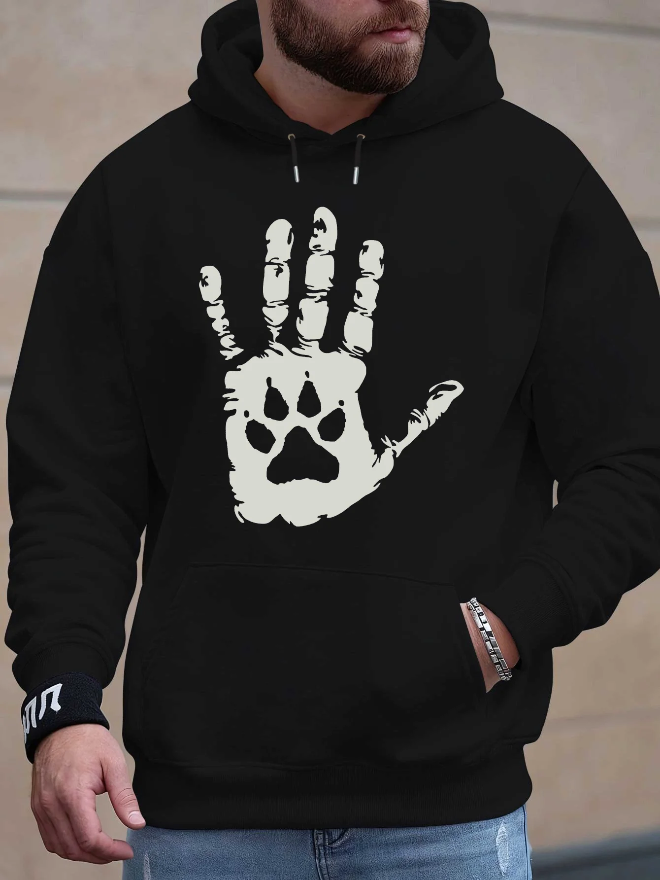 Men's Large Black Hooded Sweater with White Palm Print and Paw Design - Soft Fabric Street Style Jumper, Casual Winter Warmth, Dog Paw Pattern for Pet Lovers, Regular Version Long Sleeve Hoodie, Ideal Gift for Men, Autumn and Winter Fashion, Hand Washabl