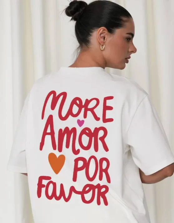 2026  MORE AMORE POR FAVOR Women's Casual Short Sleeve Crew Neck T-Shirt Pink Print with Hearts Harajuku Short Sleeve Casual