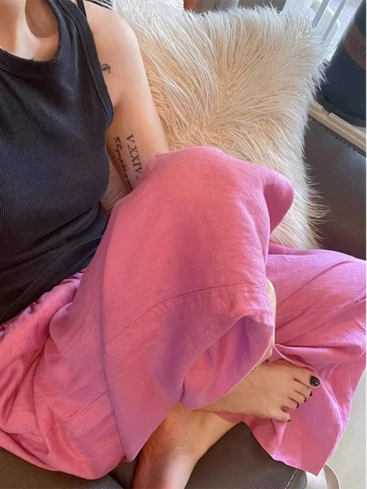 

Retro Japanese Style High Waist Loose Cotton Linen Wide Leg Pants Women's Summer New Casual Long Trousers Pink Color