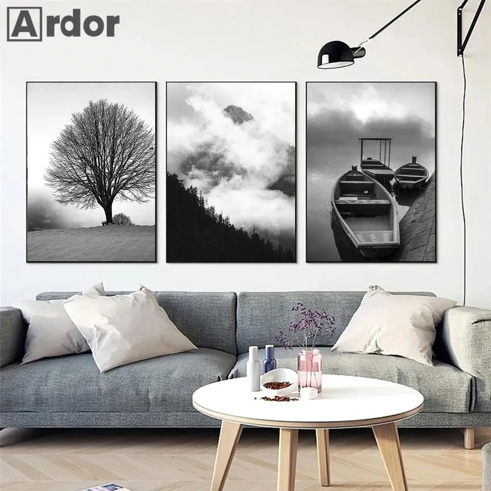Black And White Lake Boat Tree Painting Fog Forest Mountain Canvas Art Poster Natural Landscape Print Wall Pictures Home Decor