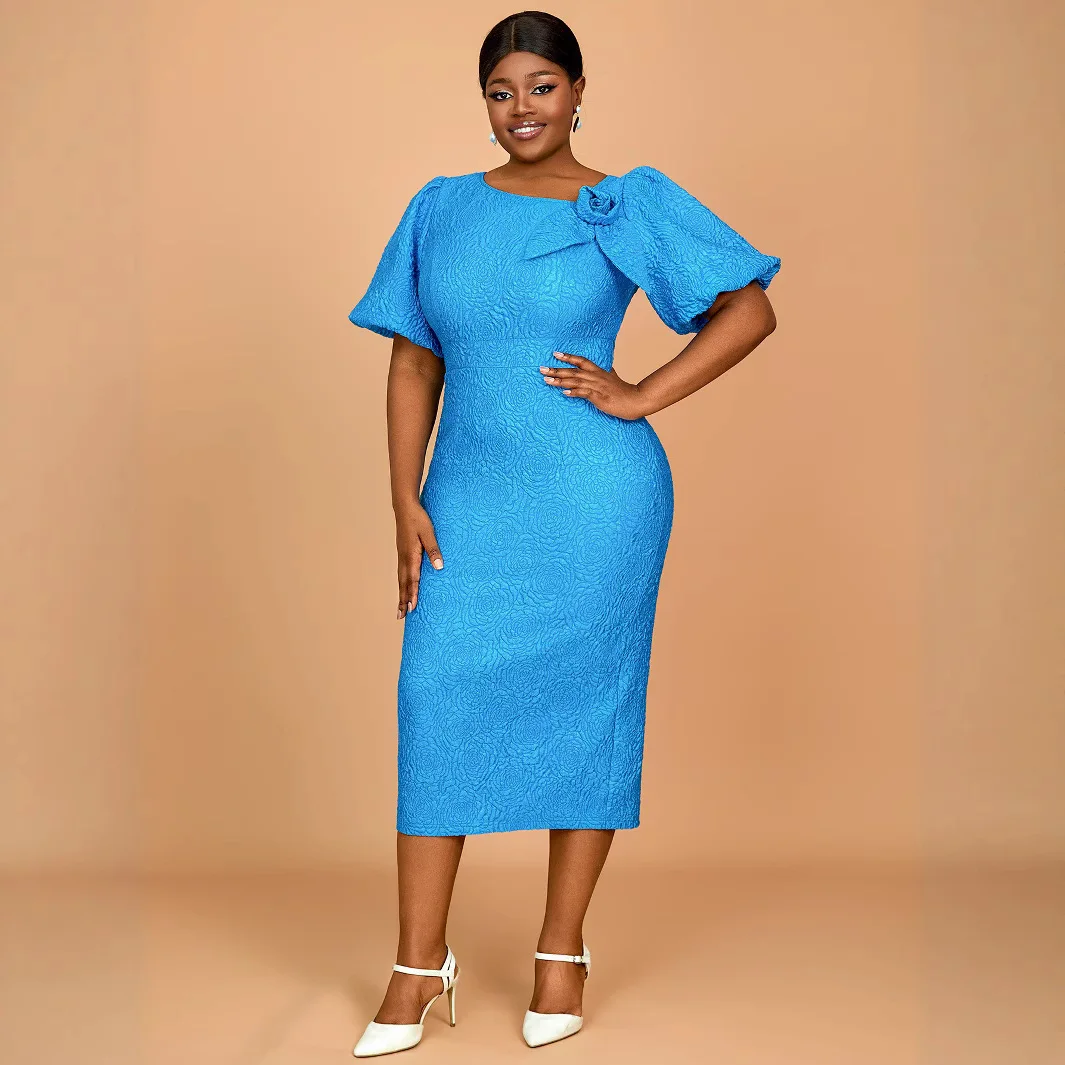 

Am 050130 Plus Size Jacquard 3d Flower Puff Short Sleeve Bodycon Dress Autumn Dress Women 2025 Party Summer Elegantes Casual Y2k
