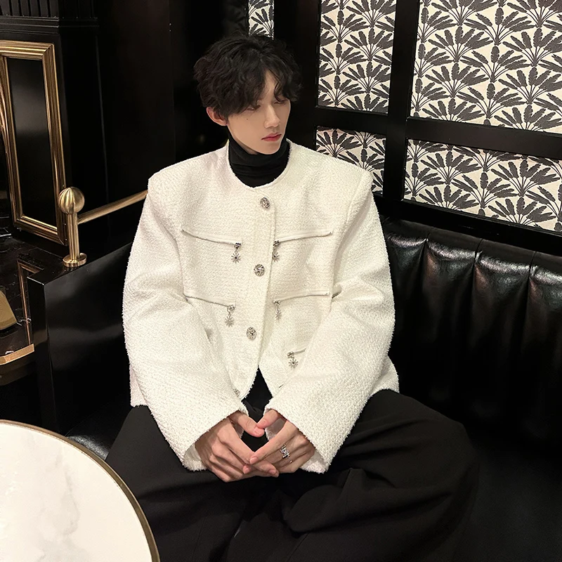 

Retro Street Sle Men's Jaet Autumn Winter ortened Tweed oulder Pad Zipper Design High-End Feeling Youth Faion