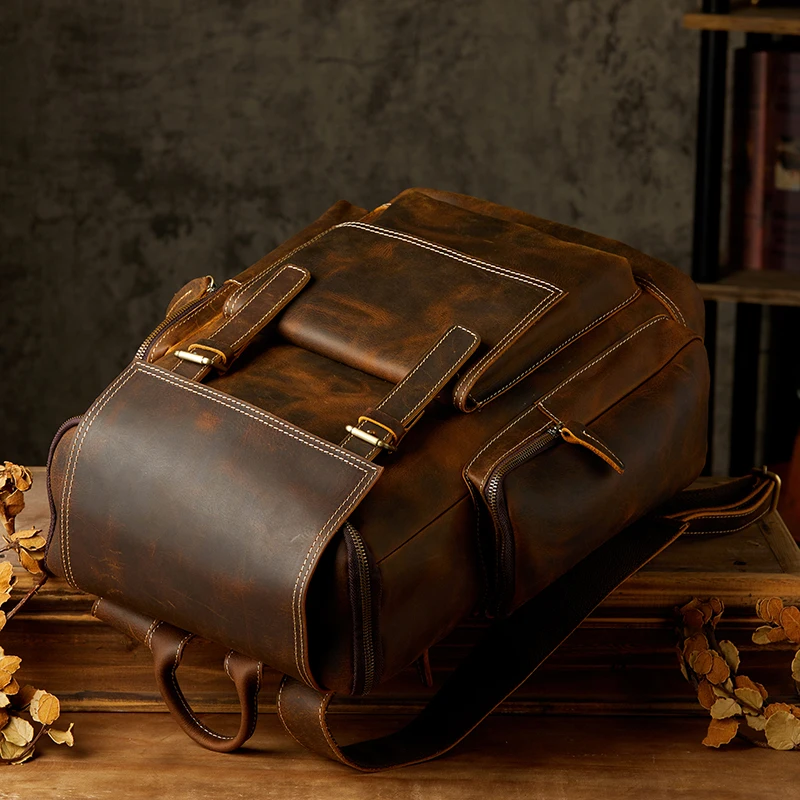 حقيبة ظهر كلاسيكية من الجلد الطبيعي مصنوعة يدويًا من جلد البقر حقيبة سفر ذات سعة كبيرة حقيبة ظهر للكمبيوتر المحمول حقيبة كتف مدرسية ريترو