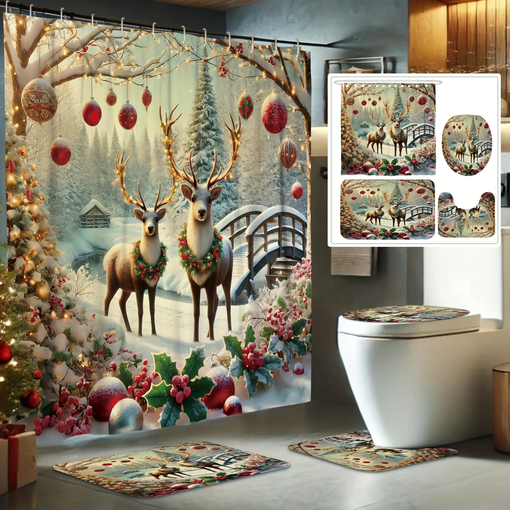 4Pcs Xmas Shower Set, Deer Ball Tree, Winter Scene, White Yellow, Holiday Bath Decor, 12 Hooks, Non-Slip Mat, U-Shaped Cover