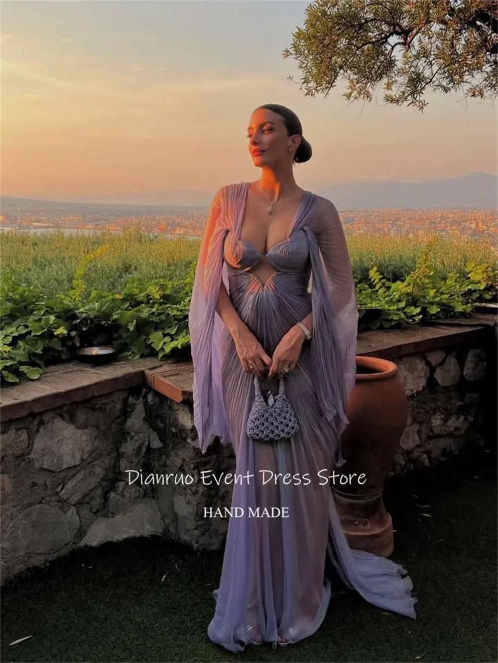 Dianruo Вечернее платье с прозрачными рукавами-накидкой и глубоким v-образным вырезом, плиссированные платья Vestidos De Festa, современные милые платья для выпускного вечера 2025, индивидуальный заказ