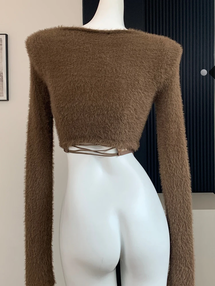 Autumn Winter Woman Korean Gyaru Fluffy Cardigan Crop Sweater + Lace Camisole Long Sleeve V-Neck 2000s Coquette Bolero Hot Sexy