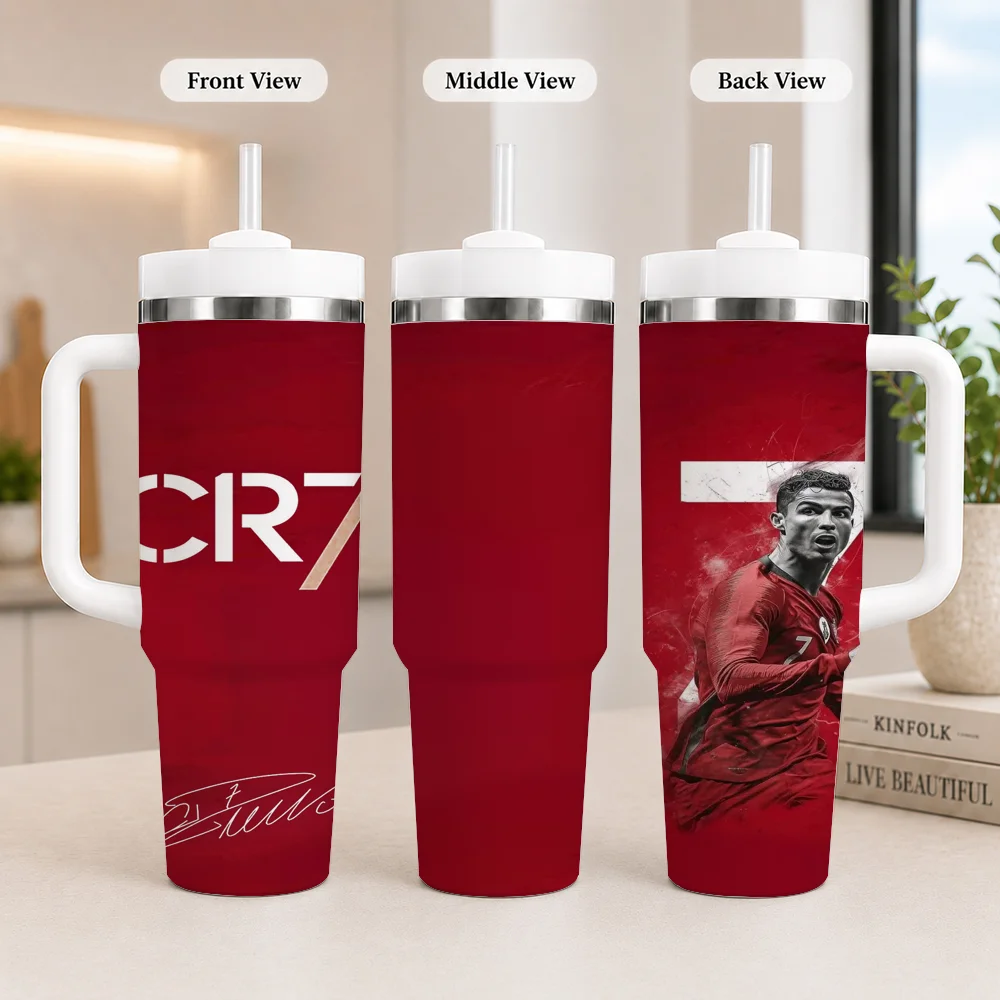 Football Star Cristiano Ronaldo Vacuum Flasks 40oz Insulated Tumbler with Handle, Straw and Lid, Stainless Steel Travel Cup