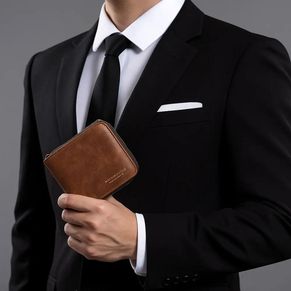 

PU Leather Men's Wallet Large Capacity Zipper Closure Short Card Bag Multi-functional Square Credit Card Holder