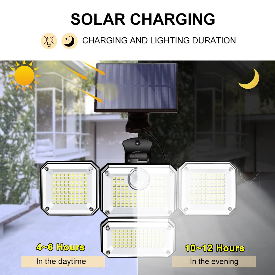 أضواء الأمن الشمسية 333/288 LED مستشعر حركة خارجي ضوء 4 رؤساء أضواء الجدار مقاوم للماء فناء فناء حديقة المرآب