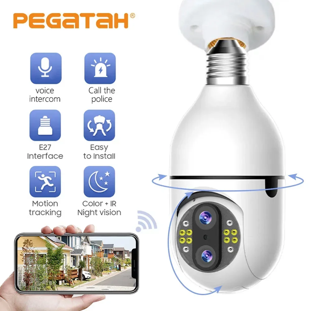 4MP HD E27 Bulb Camera Dual Lens 10X Zoom Night Vision Color Automatic Tracking Two Way Audio Outdoor Security PTZ Cameras