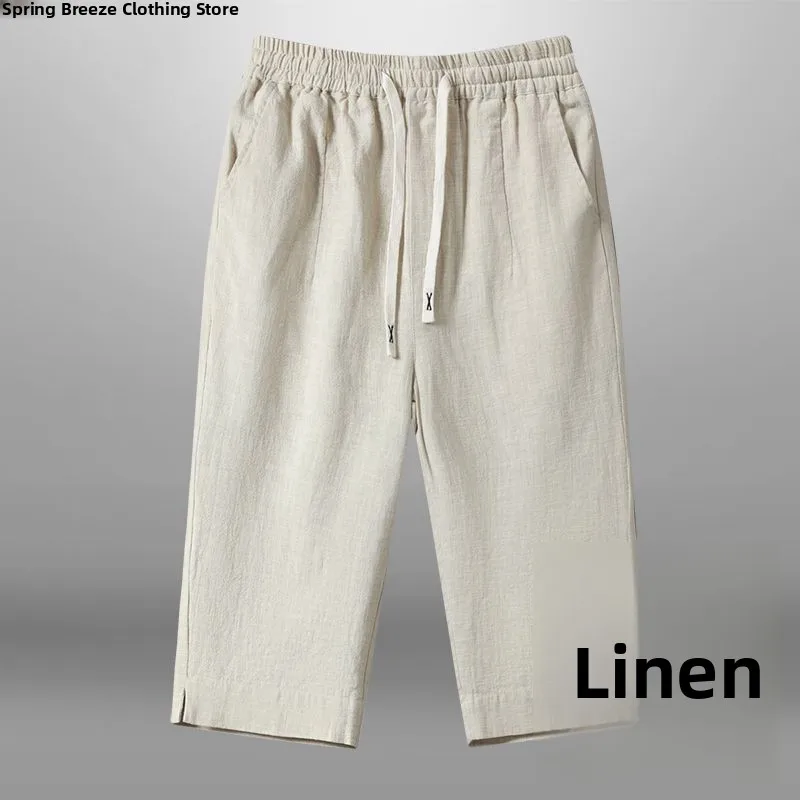 

Men's Cotton Linen Seven-Foot Pants Summer Thin Retro Elastic Casual Pants 2025 Flax Straight Leg Pants Men's Casual Trousers