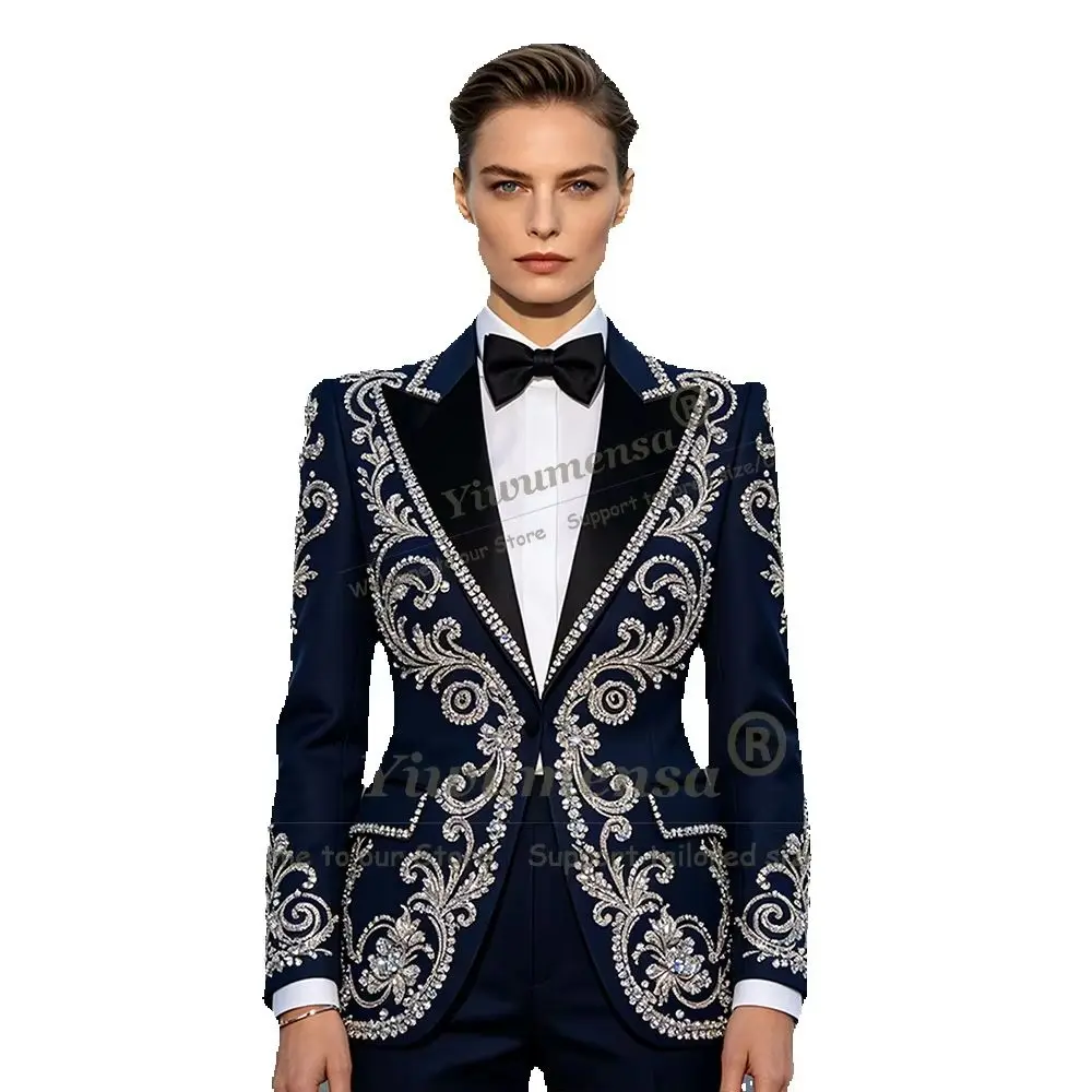 Exclusive Design Women Suits Crystals Beaded Stones Jacket Pants 2 Piece Sets Lady Business Party Tuxedo Customized Female Coat view 3