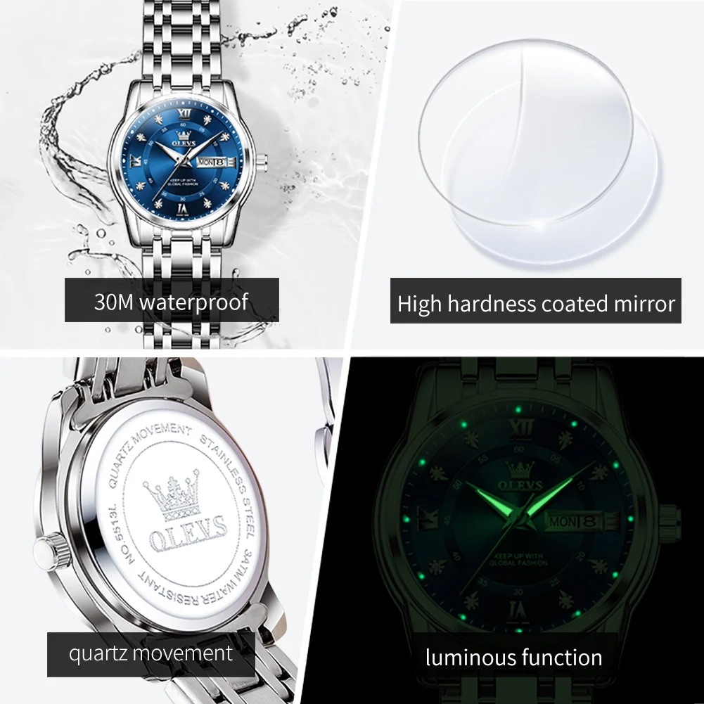 ساعة كوارتز OLEVS 5513 للنساء بمقياس ماسي وتقويم مزدوج وحزام من الفولاذ المقاوم للصدأ وساعة مقاومة للماء وساعات يد أنيقة للسيدات