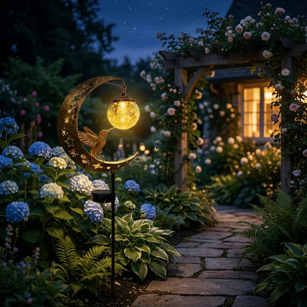 Waterproof Solar Garden Stake Light Solar Powered Half-Moon Design Hummingbird Moon Light Creative Floor Insertion Lawn Lamp