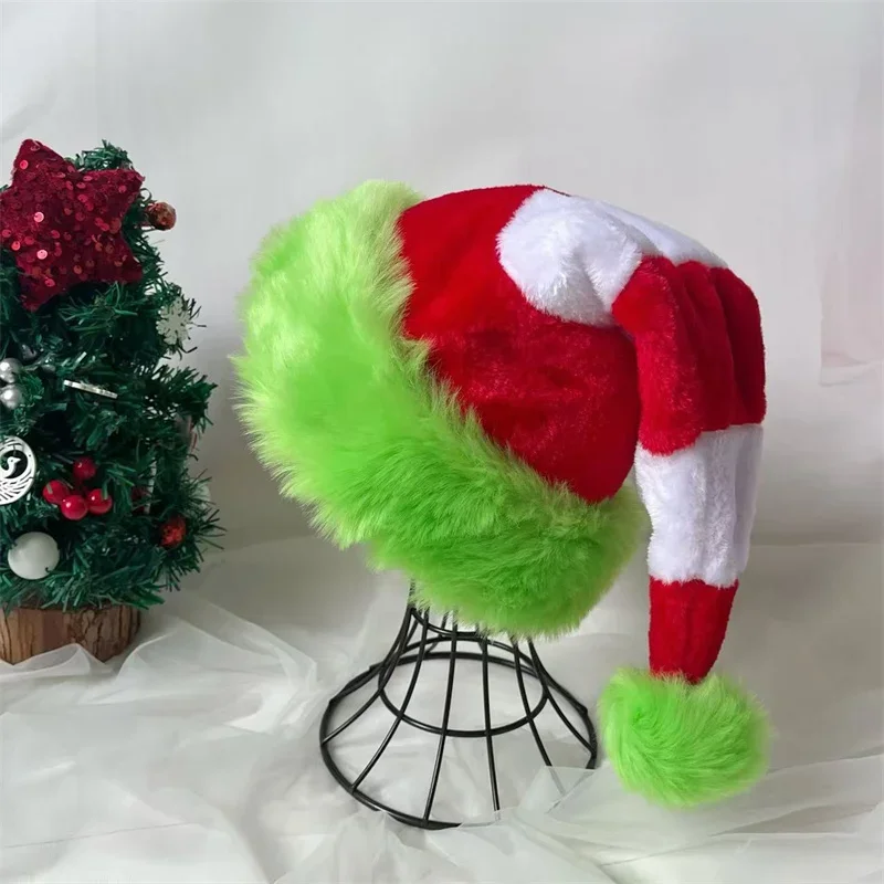 Splicing Plush Santa Hat Long Red Christmas Cap Unisex Xmas Holiday Party Costume Gift For Men Women 2025 New Year Decoration