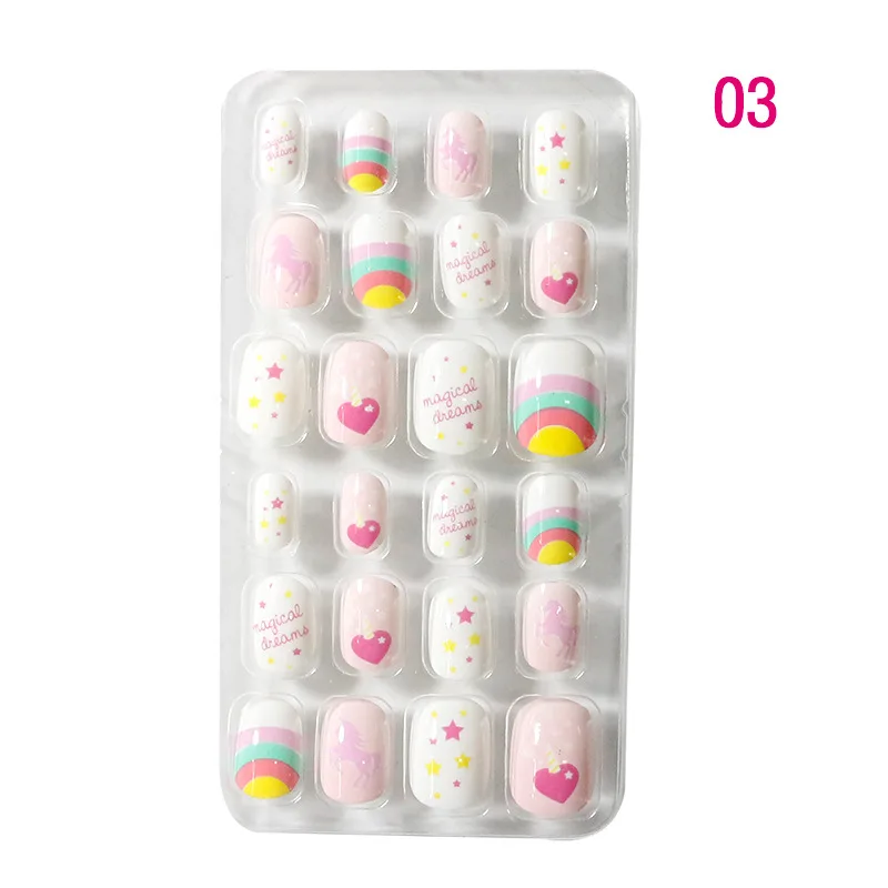 24PCS/Set  Candy False Nail Tips Children Cartoon Full Cover Kid Glue Self Fake Nail Art for Girls Manicure Tips Nail Decor