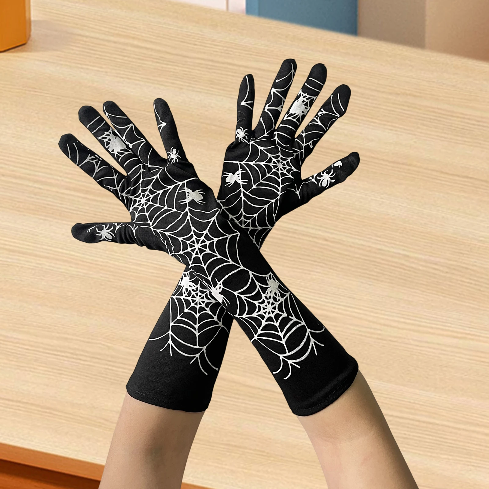 Guantes de Halloween con estampado de murciélago y telaraña, guantes de fiesta para mujer, accesorios de disfraz de Cosplay