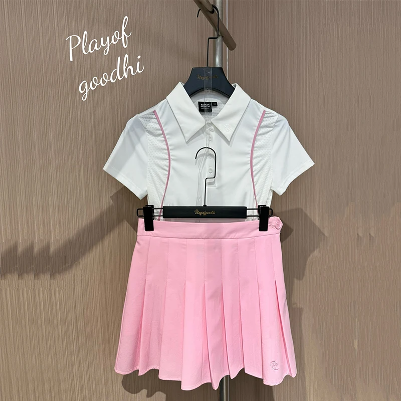 PL Golf Women Quick-dry Polo Shirt Short-sleeved Breathable Cooling T-shirt High Waist Golf Sports Skirt Pleated Slim Skorts