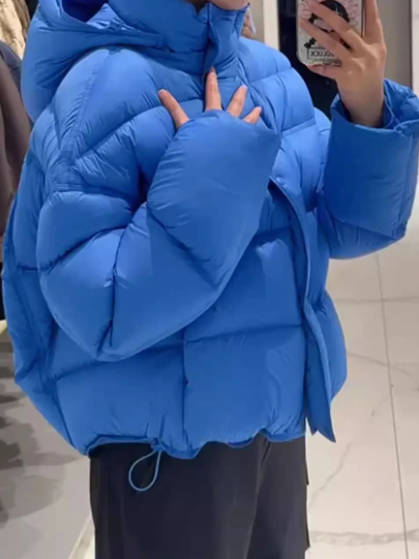 Blue ort Padded Hooded Women's Jaet Winter Warm Thiened Bread Sle Coat Du down Filling High Waist Long Sve Zipper