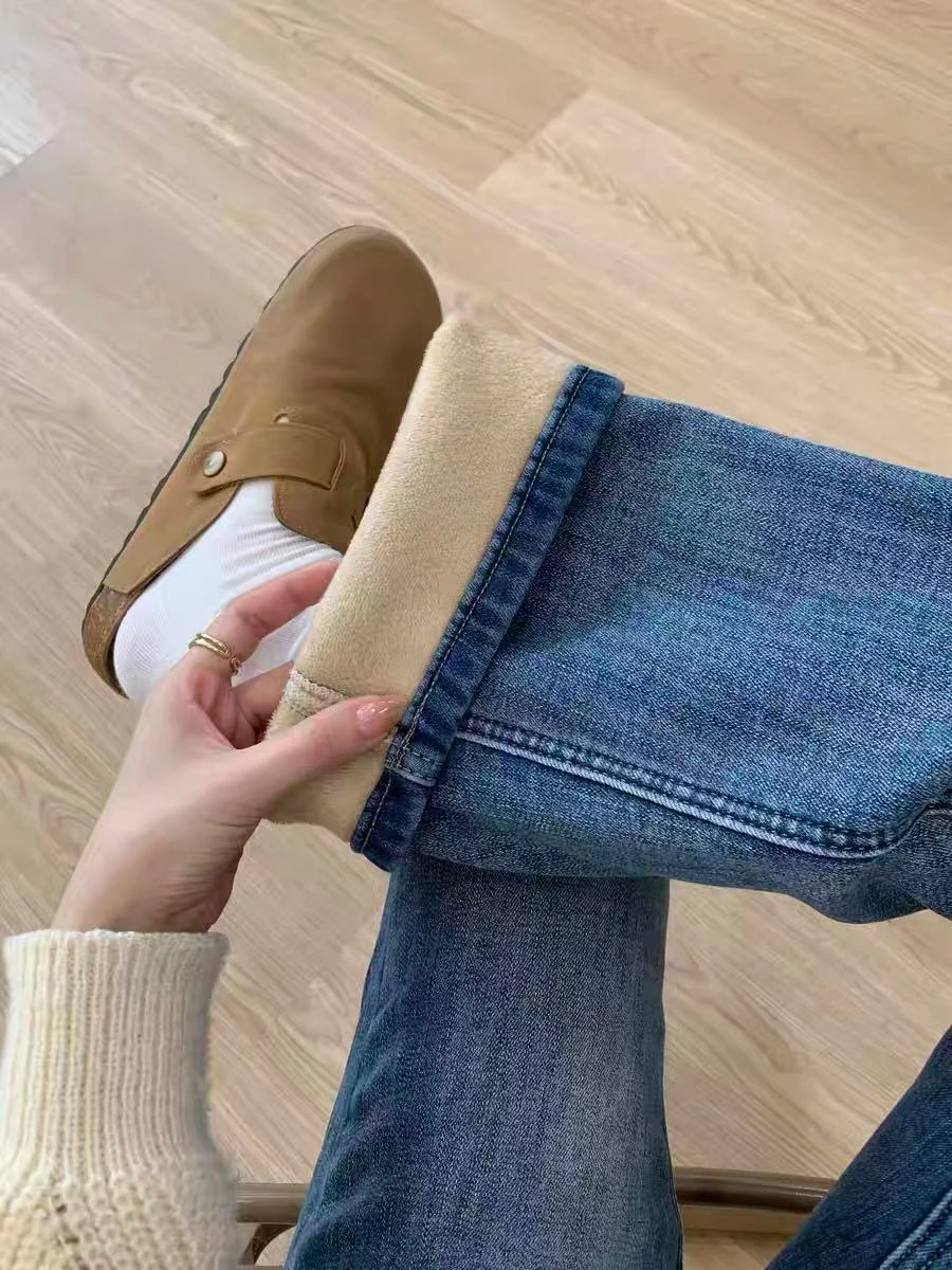 

plus Size Fce Lined Thiened Micro Flared Denim Jeans Women's Autumn Winter High Waist Slimming Elastic Straight Leg Wide...