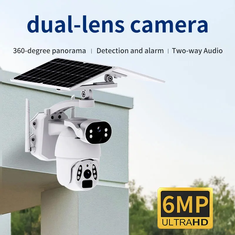 Good Q6Max 6MP Dual Lens Wifi 4G Sim Card Panel Outdoor Big Solar Power Ptz Outdoor Cameras for Family