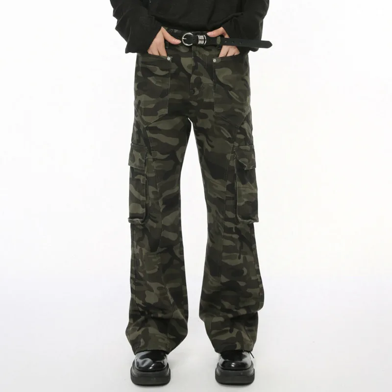 American Style Autumn 2024 Men's Cargo Pants Casual Camouflage Big Pocket Design Straight Wide Leg Loose Fashion Jean