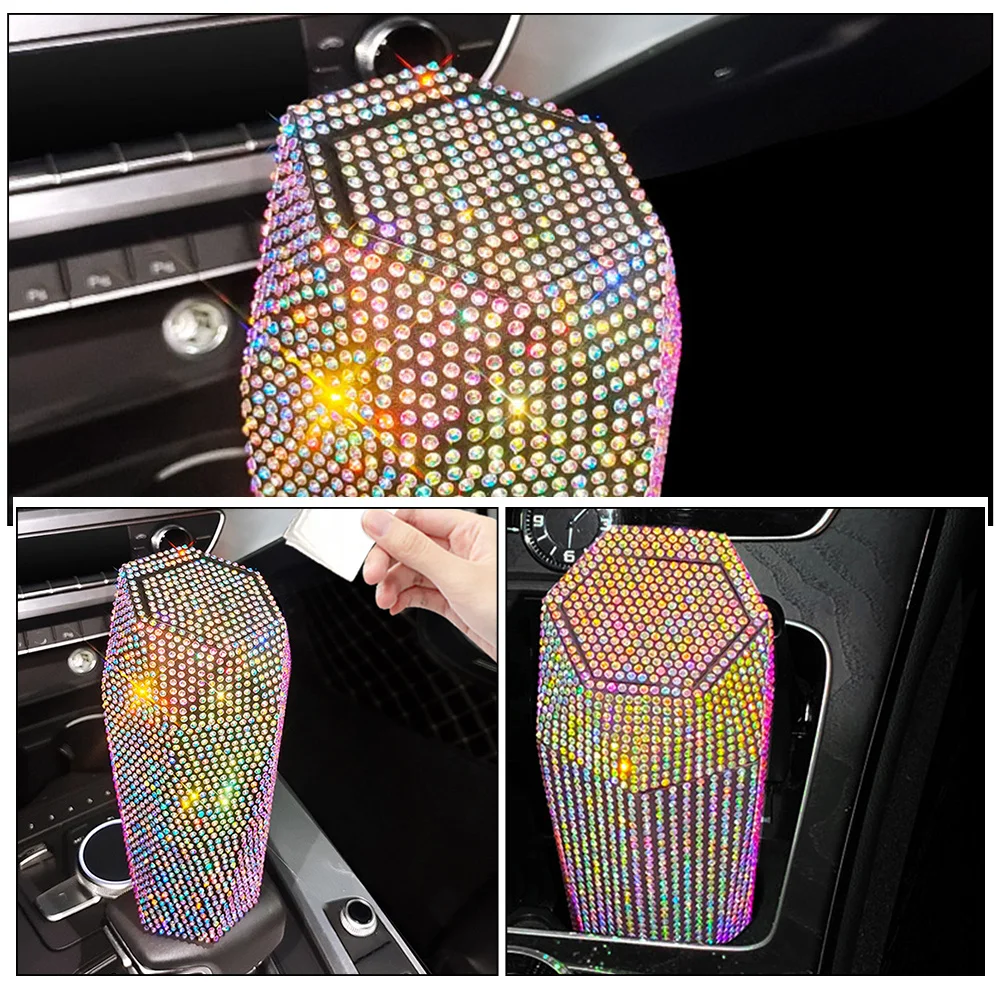 

Sparkling Rhinestone Car Trash Can Leakproof Compact Design Durable Automotive Waste Holder Practical Car Supply