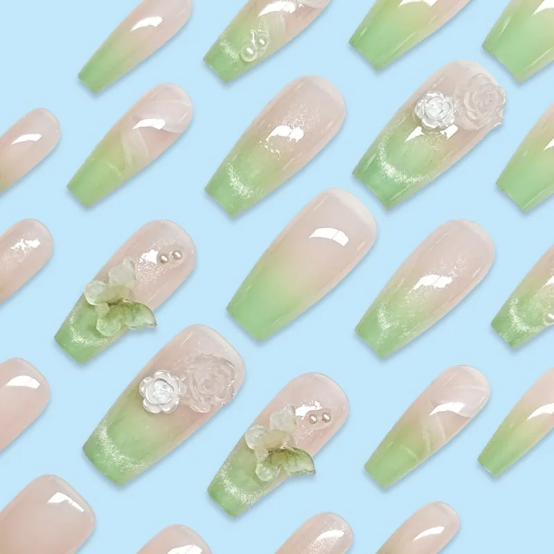 Faux Ongles Vert Dégradé 3D en Forme de Cercueil, Papillon, Fleur, Perle, Œil de Chat, Longue Pression sur les Ongles, Usage Coréen, Moyen, N64.avec Design, 24 Pièces