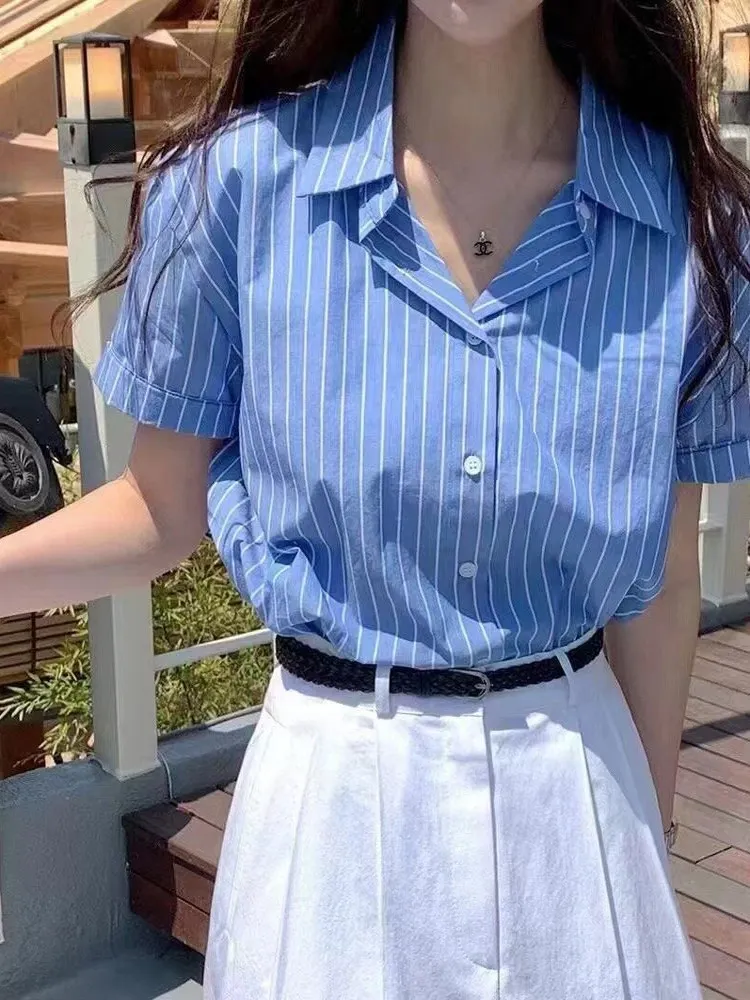 

Summer Faion Casual Stripe irt Women's Small Size Sweet Anti-Aging Slimming Ele ort Sve irt Straight Cut