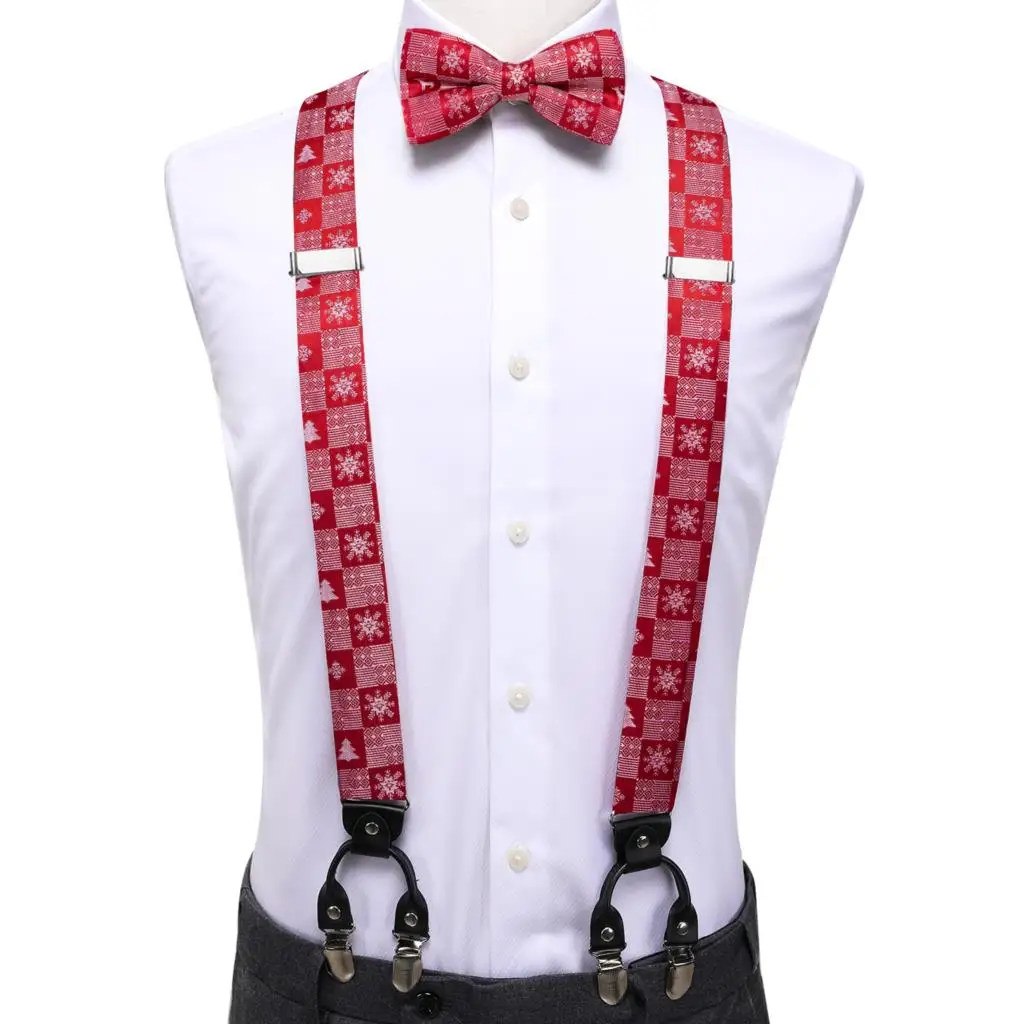 Hi-Tie Red Snow Seide Herren Weihnachten Hosenträger Fliege Taschentuch Manschetten knopf verstellbarer Clip auf Weihnachten Hosenträger für männliche Hochzeit Großhandel