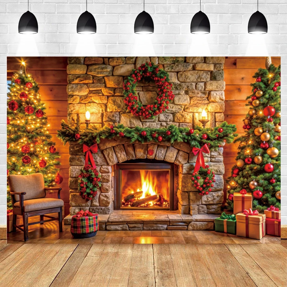 Christmas Fireplace Brick Wall Backdrop Christmas Tree Gift Family Party Decoration Portrait Photography Background Photobooth