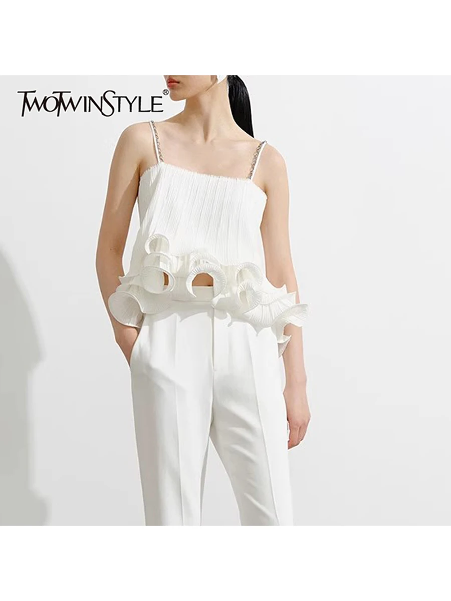 TWOTWINSTYLE Solid Spliced Ruffles Vests For Women Square Neck Sleeveless Temperament Minimalist Vest Female Fashion Style New