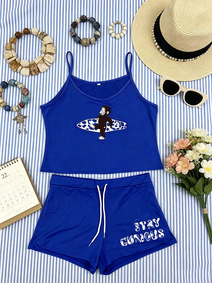 Punk Vintage Surf Style Women Two Piece Outfit Monkey Surfboard Print Thin Strap Tank Top Drawstring Letter Short Pant Tracksuit view 2