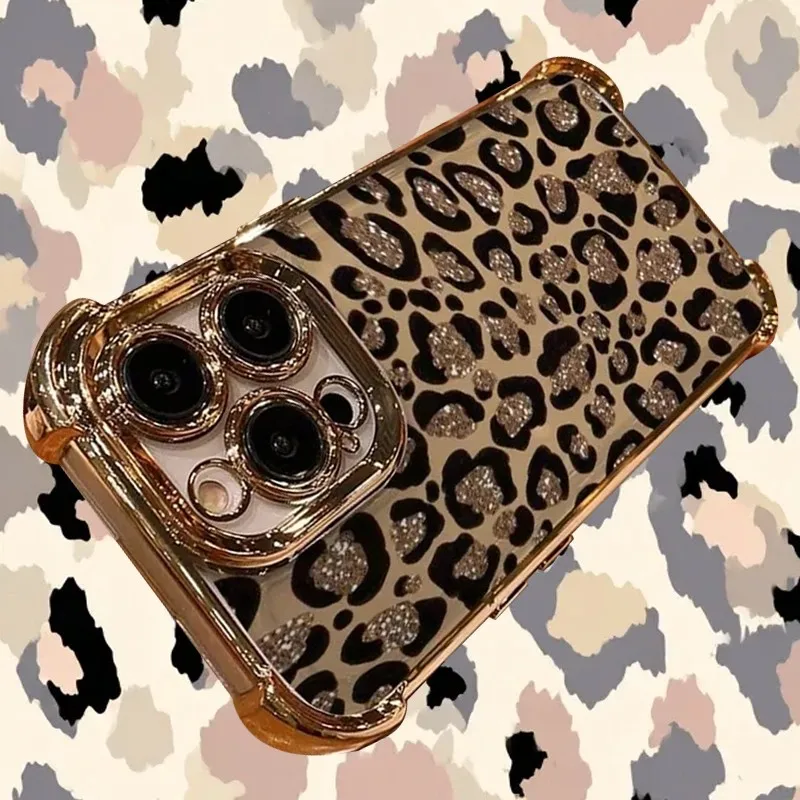 Funda de teléfono con estampado de leopardo y purpurina para iPhone 17 16e 16 15 14 13 12 11 Pro Max X XSMax 7 8 Mini Air Plus Airbag anticaída