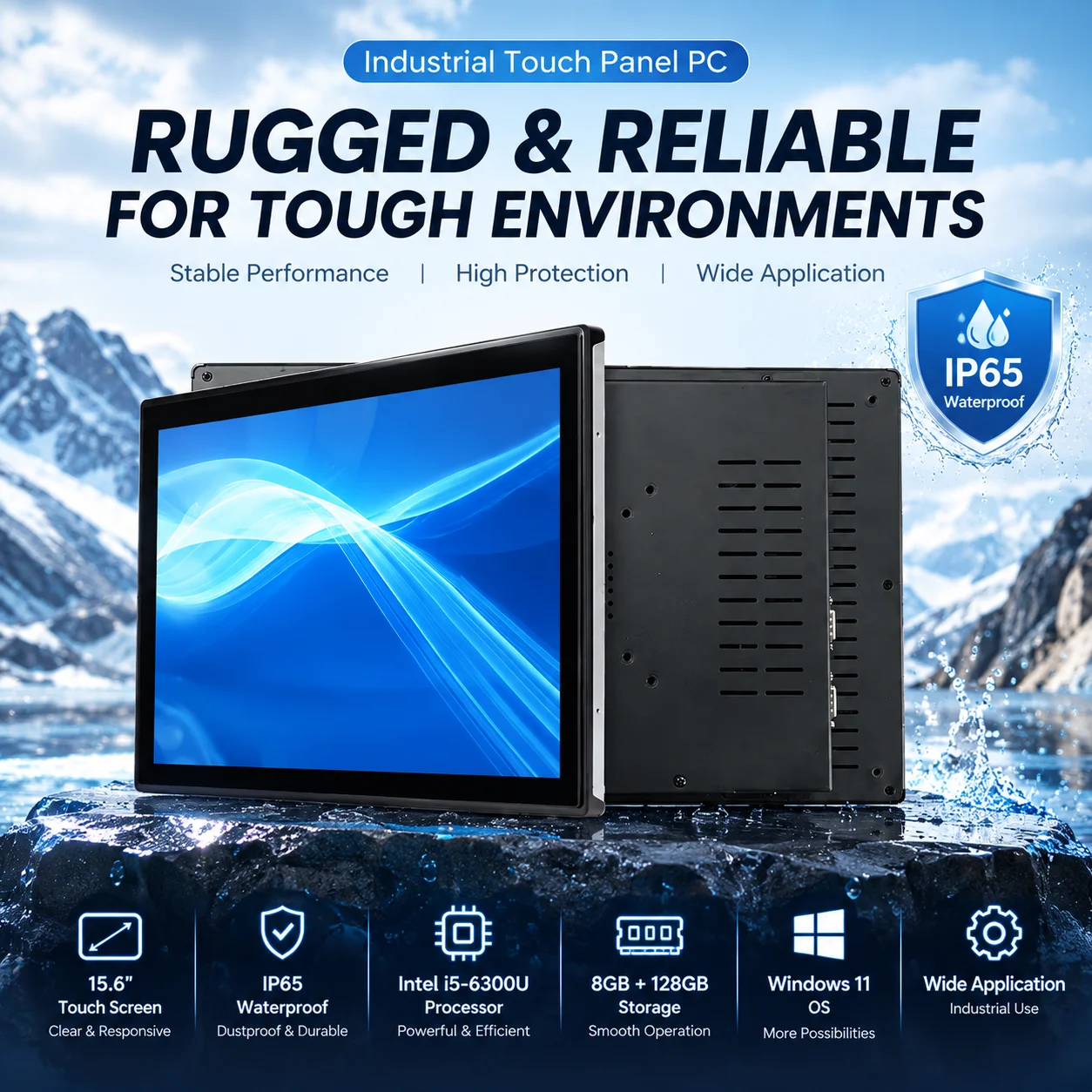15.6 Inch IP65 Waterproof Industrial Touch Panel PC with Intel I5-6300U 8GB 128GB Windows 11 Embedded Touchscreen Computer for F