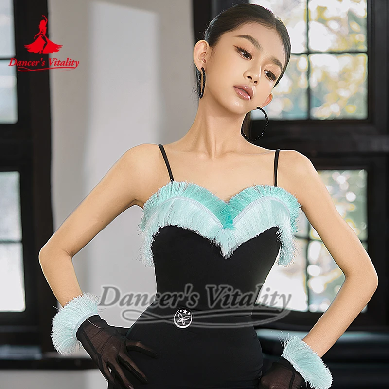 Ensembles d'entraînement et de spectacle avec pompons vert menthe pour filles, jupe à franges de danse latine sans manches, vêtements pour enfants, vitalité de danseuse