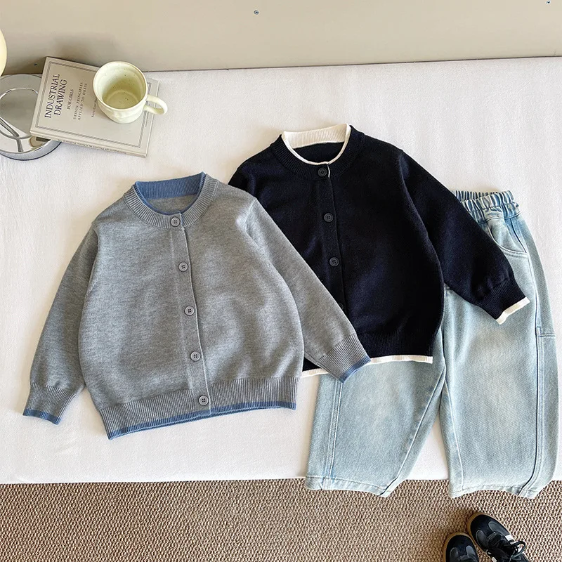 2025 autumn new children's clothing children's versatile cardigan sweater boys splicing contrasting color knitted sweater