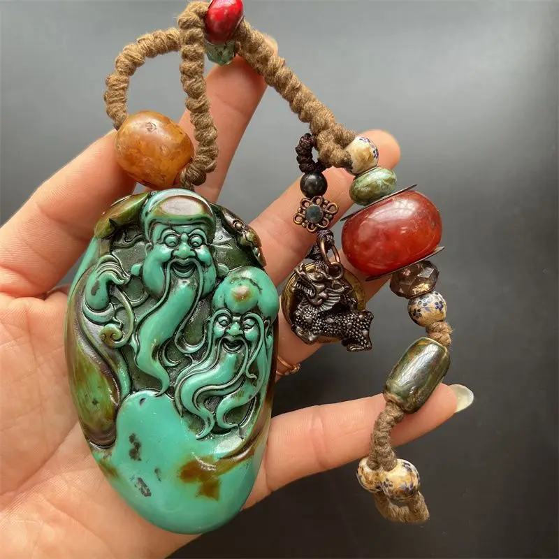 Antique pulp-wrapped Five Emperors bell optimization turquoise carving birthday star handle