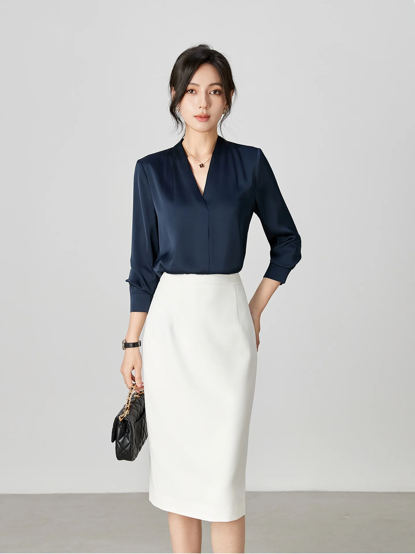 

Ele Long Sve V-Ne Commute irt Women's Profional Acetate Satin k Blue Formal irt Slim Fit OL Sle