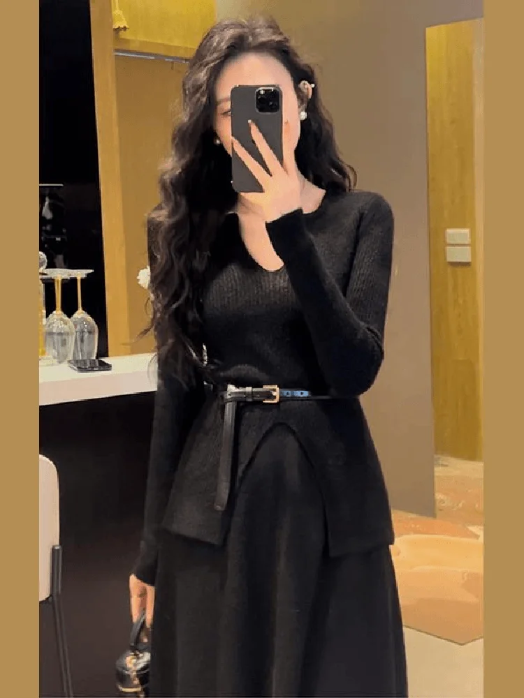 فستان محبوك على طراز هيبي، طقم من قطعتين، تنورة سترة بخصر مرتفع وشق، تصميم أنيق لفصلي الخريف والشتاء، لون شاي، نسخة كورية للعمل