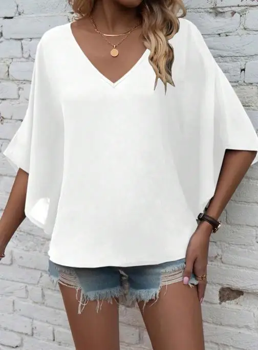 صيف جديد المنتج نمط بلون نصف كم تي شيرت هوديي الخامس الرقبة بلون فضفاض الخفافيش كم عادية المرأة تي شيرت